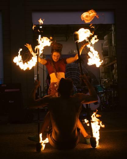 Duo with fire hoops